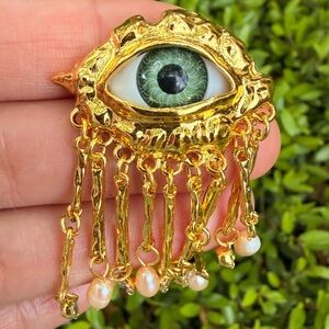 Gold Eye Fringe Pendant with Green Iris and Pearl Drops